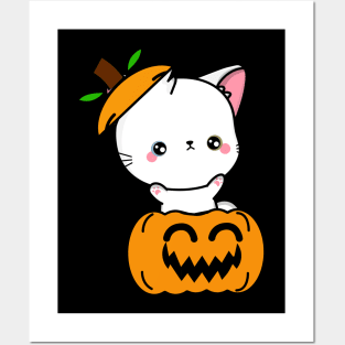 Funny angora cat is in a pumpkin Posters and Art